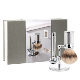 Set de barbierit cu aparat de ras clasic si pamatuf Silvertip Badger cu par de bursuc GS TRAD CHROM